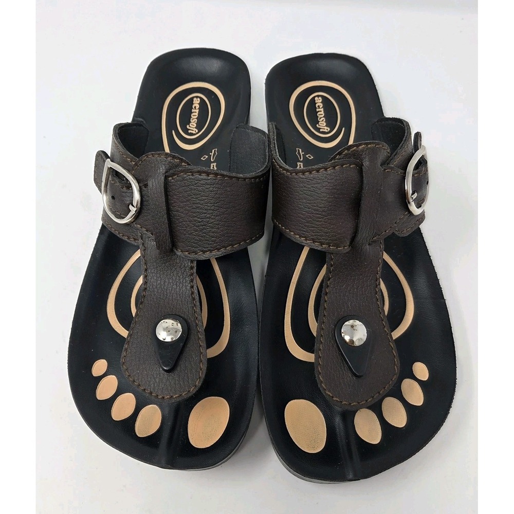 Aerosoft Women Brown Orthotic Thong Sandals Buckle Wedge Flip Flops Sz 9.5 1040